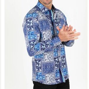 PLATINI Satin Cotton/Spandex Long Sleeve Blue Patterned Shirt Size L. NWT